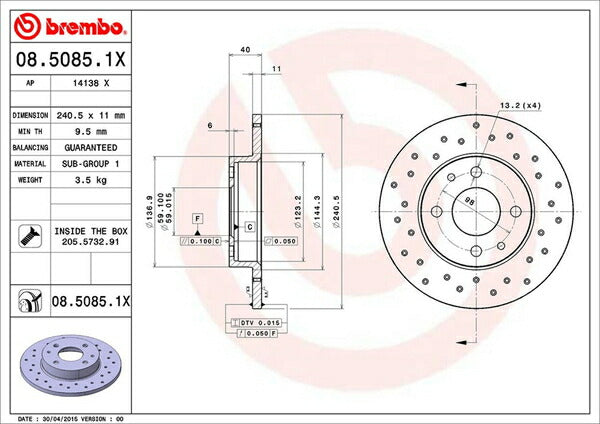 brembo XTRA BRAKE DISC FIAT ティーポ 160C2 1988〜1996 フロント左右セット 08.5085.1X