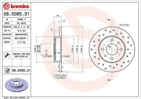 brembo BRAKE DISC ABARTH 595 312141/312142 2015/11〜 リア左右セット 08.5085.31
