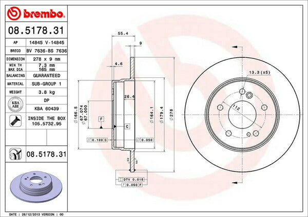 brembo BRAKE DISC CHRYSLER クロスファイア ZH32/ZH32C 2003/12〜2008 リア左右セット 08.5178.31