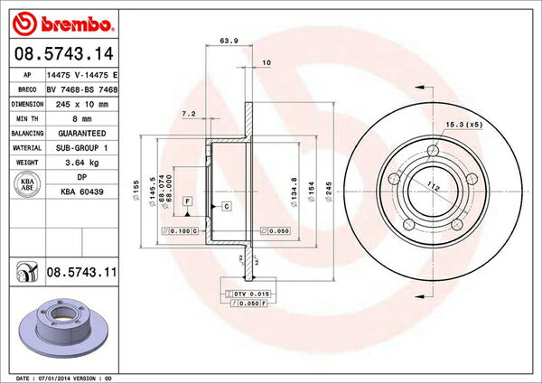 brembo BRAKE DISC AUDI A6(C4) 4AABC/4AAAH 1994〜1998 リア左右セット 08.5743.11