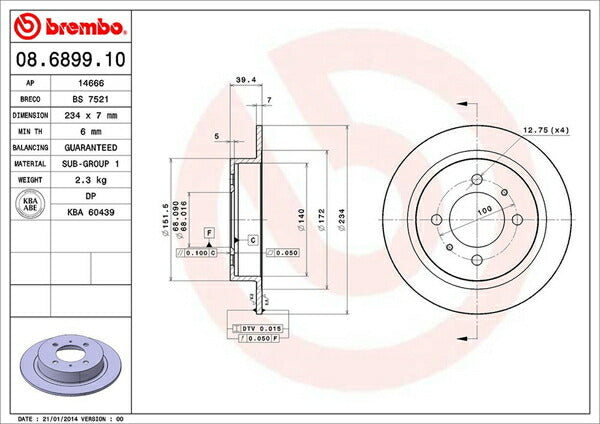 brembo BRAKE DISC ニッサン ルキノ HB14 1994/05〜1997/08 リア左右セット 08.6899.10