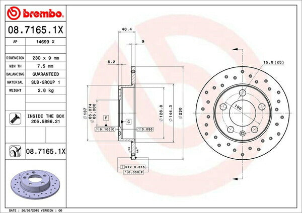 brembo XTRA BRAKE DISC VOLKSWAGEN ポロ 9NBBY/9NBKY/9NBUD/9NBTS 2002/06〜2009/09 リア左右セット 08.7165.1X