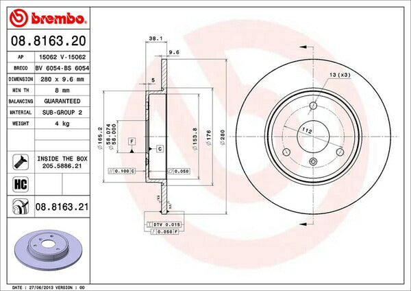 brembo BRAKE DISC SMART クーペ/ForTwo クーペ 451331/451333/451380/451332 2007〜2015/10 フロント左右セット 08.8163.21