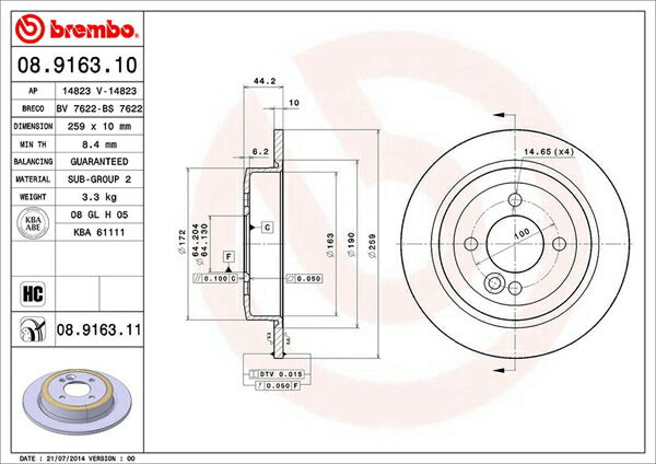 brembo BRAKE DISC MINI R55(クラブマン) ZF16 2010/04〜2010/09 リア左右セット 08.9163.11
