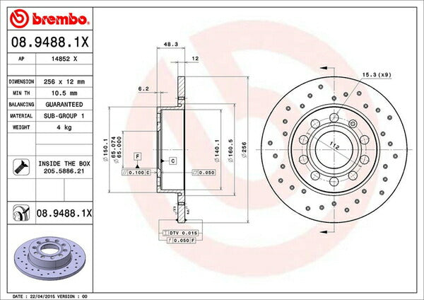 brembo XTRA BRAKE DISC VOLKSWAGEN ゴルフV 1KBLG 2007/02〜2009/03 リア左右セット 08.9488.1X