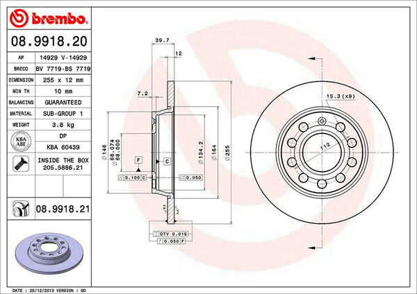 brembo BRAKE DISC AUDI A4(B7) 8EBFB 2006/07〜2008/03 リア左右セット 08.9918.21