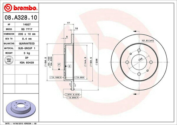 brembo BRAKE DISC ミツビシ ランサー/ランサーセディア CB8A/CD3A 1991/10〜1994/08 リア左右セット 08.A328.10