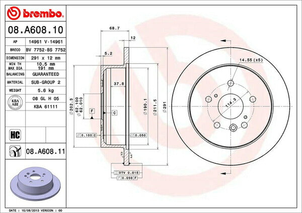 brembo BRAKE DISC トヨタ エスティマハイブリッド AHR10W 2001/05〜2006/01 リア左右セット 08.A608.11