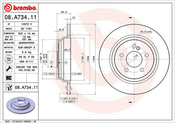 brembo BRAKE DISC MERCEDES BENZ SL R230 230456 2006/11〜2008/05 リア左右セット 08.A734.11