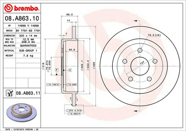 brembo BRAKE DISC JEEP グランドチェロキー WH57 2005/07〜2011 リア左右セット 08.A863.11