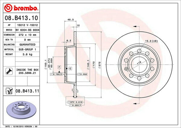 brembo BRAKE DISC VOLKSWAGEN ゴルフVI 1KCCZ/1KCDL 2009/09〜2013/04 リア左右セット 08.B413.11
