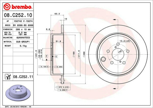 brembo BRAKE DISC スバル レガシィセダン/レガシィB4 BMM 2012/05〜 リア左右セット 08.C252.11
