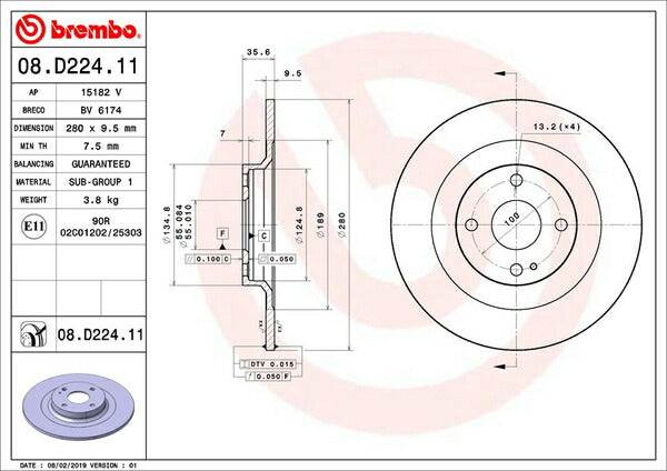 brembo BRAKE DISC マツダ ロードスター/ユーノスロードスター ND5RC 2015/05〜 リア左右セット 08.D224.11