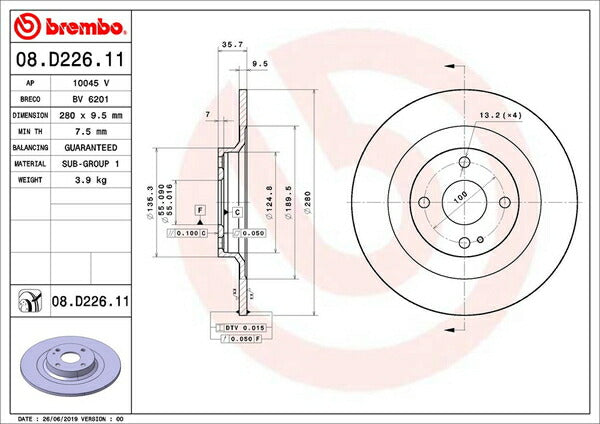brembo BRAKE DISC FIAT 124スパイダー NF2EK 2016/10〜 リア左右セット 08.D226.11