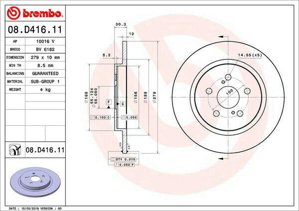 brembo BRAKE DISC レクサス CT200h ZWA10 2011/01〜 リア左右セット 08.D416.11