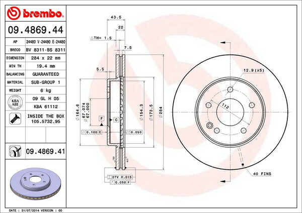brembo BRAKE DISC MERCEDES BENZ Cクラス W202(ワゴン) 202080/202083 1996〜2001 フロント左右セット 09.4869.41