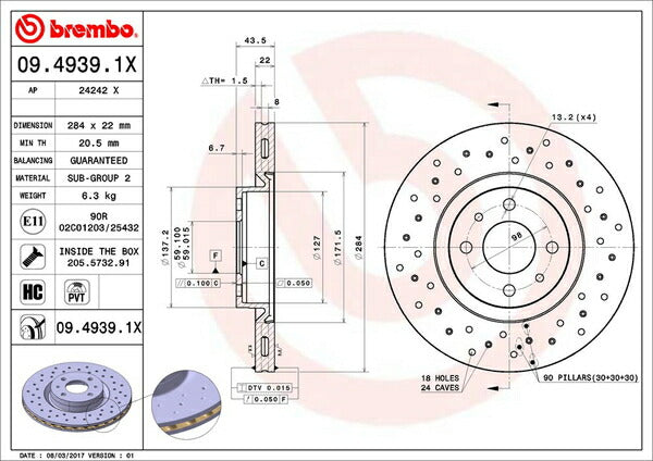 brembo XTRA BRAKE DISC ABARTH 500 312141/312142 2008/08〜2011/05 フロント左右セット 09.4939.1X