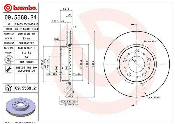 brembo BRAKE DISC VOLVO 850 8B5254AW 1996〜1997 フロント左右セット 09.5568.21