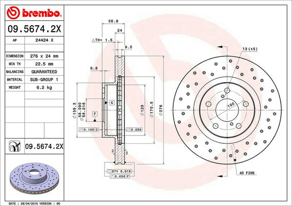 brembo XTRA BRAKE DISC スバル インプレッサWRX STi GF8 1993/10〜1994/08 フロント左右セット 09.5674.2X