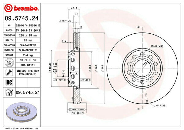 brembo BRAKE DISC AUDI A4(B5) 8DABC 1994〜2001/06 フロント左右セット 09.5745.21