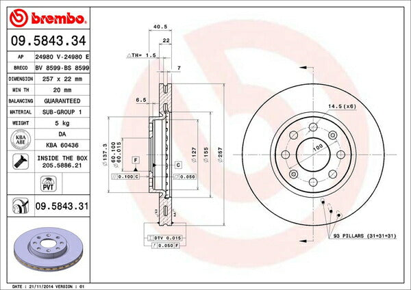 brembo BRAKE DISC FIAT グランデプント 199142 2006/10〜 フロント左右セット 09.5843.31