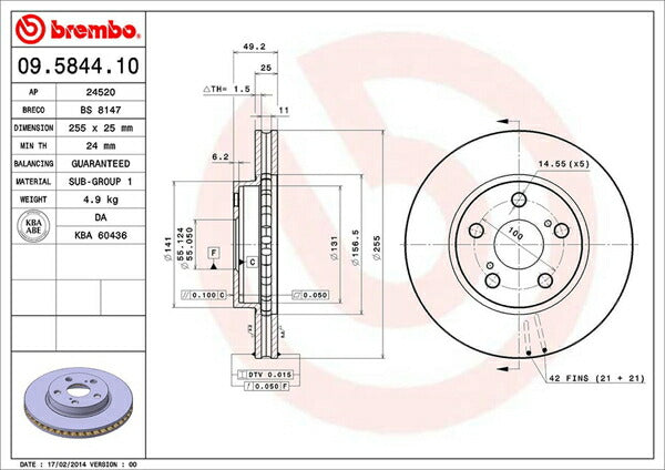brembo BRAKE DISC トヨタ カリーナ AT192 1992/08〜1996/08 フロント左右セット 09.5844.10