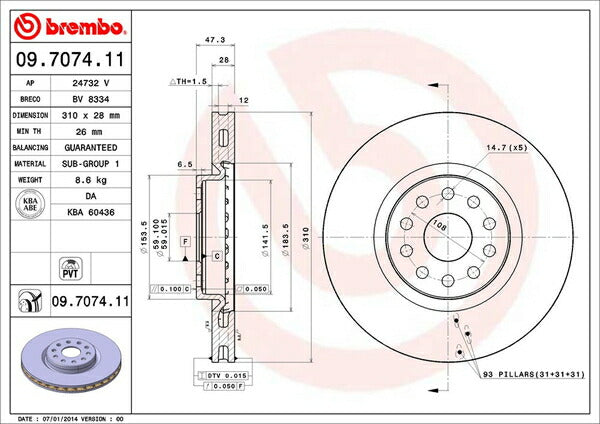 brembo BRAKE DISC ALFA ROMEO 166 936A1/936A2/936A11 1999/09〜 フロント左右セット 09.7074.11