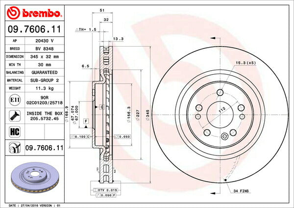 brembo BRAKE DISC MERCEDES BENZ Mクラス W163 163113 2000/05〜2003/02 フロント左右セット 09.7606.11