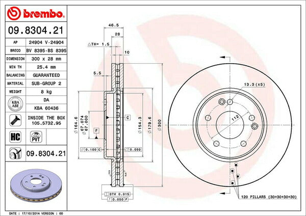 brembo BRAKE DISC MERCEDES BENZ Cクラス W203(ワゴン) 203264 2001/06〜2004/05 フロント左右セット 09.8304.21