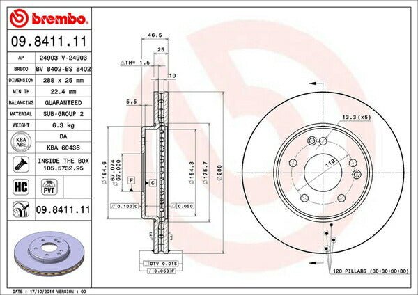 brembo BRAKE DISC MERCEDES BENZ Cクラス W203(セダン) 203061 2001/07〜2005/07 フロント左右セット 09.8411.11