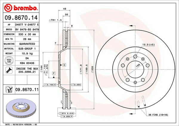 brembo BRAKE DISC CITROEN C6 X6XFV 2006/10〜 フロント左右セット 09.8670.11