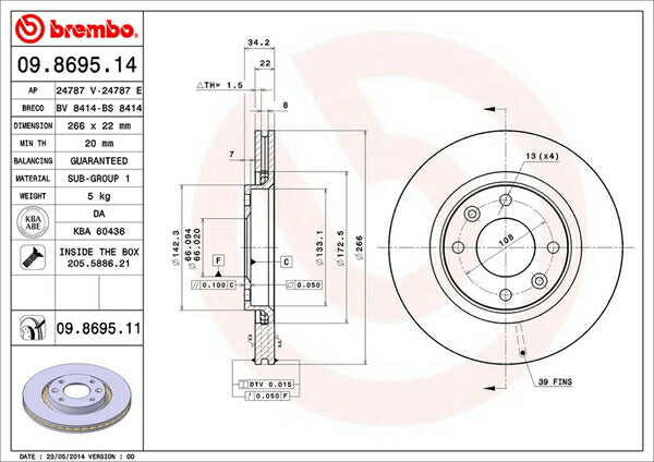 brembo BRAKE DISC PEUGEOT 206 T16XS/T16XT/T16L4/T16RG/T1NFU 2001/02〜2007/03 フロント左右セット 09.8695.11