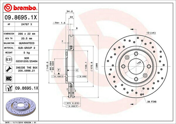 brembo XTRA BRAKE DISC PEUGEOT 206 T16XS/T16XT/T16L4/T16RG/T1NFU 2001/02〜2007/03 フロント左右セット 09.8695.1X