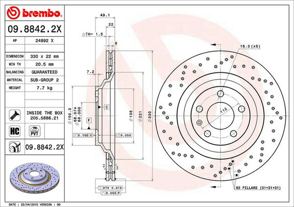 brembo XTRA BRAKE DISC AUDI A6(C6) 4FCAJS/4FCAJA 2004/09〜2012/02 リア左右セット 09.8842.2X