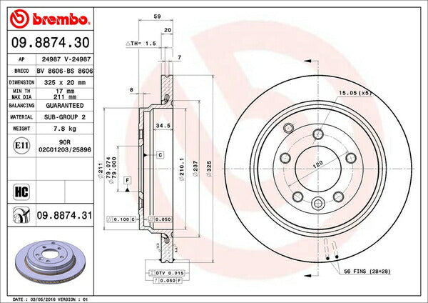 brembo BRAKE DISC LAND ROVER ディスカバリー(III) LA40/LA40A 2005/05〜2009/12 リア左右セット 09.8874.31