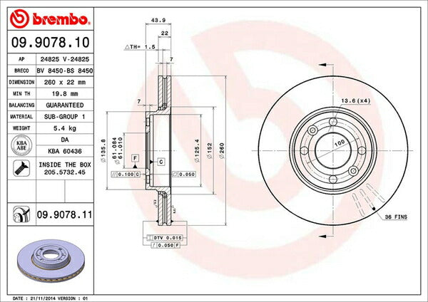 brembo BRAKE DISC RENAULT ルーテシア(クリオ)III RK4M/RK4MC 2006/03〜2013/09 フロント左右セット 09.9078.11