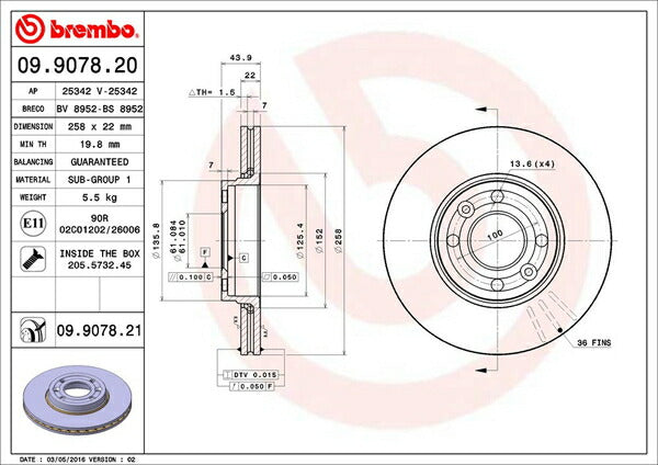 brembo BRAKE DISC RENAULT ルーテシア(クリオ)IV RH4B 2015/01〜2015/04 フロント左右セット 09.9078.21