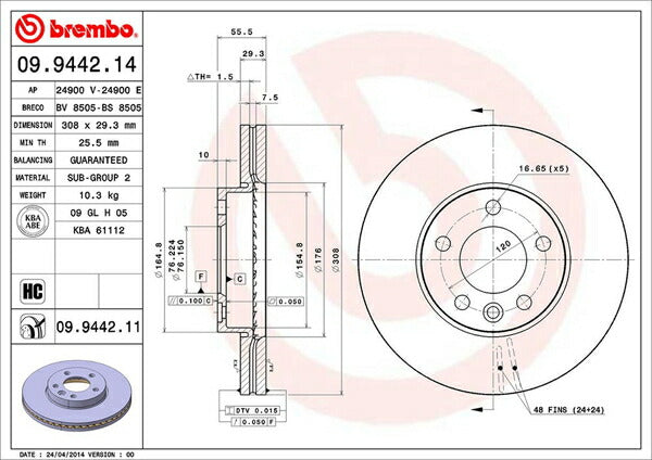 brembo BRAKE DISC VOLKSWAGEN T5 マルチバン 2009/09〜 フロント左右セット 09.9442.11