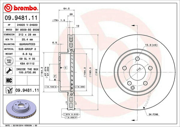 brembo BRAKE DISC MERCEDES BENZ Eクラス W211(セダン) 211056C 2005/02〜2009/08 フロント左右セット 09.9481.11