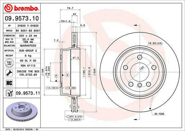 brembo BRAKE DISC BMW X3 E83 PA25/PC25 2004/06〜2011/03 リア左右セット 09.9573.10