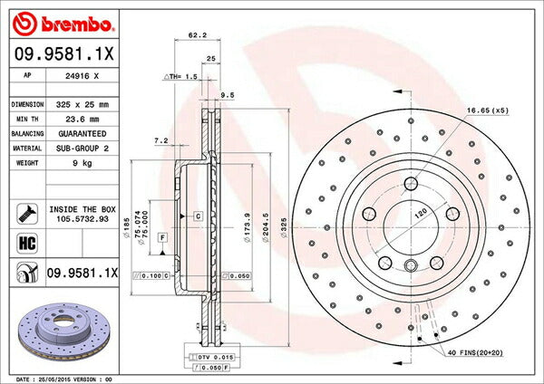 brembo XTRA BRAKE DISC BMW X3 E83 PA25/PC25 2004/06〜2011/03 フロント左右セット 09.9581.1X