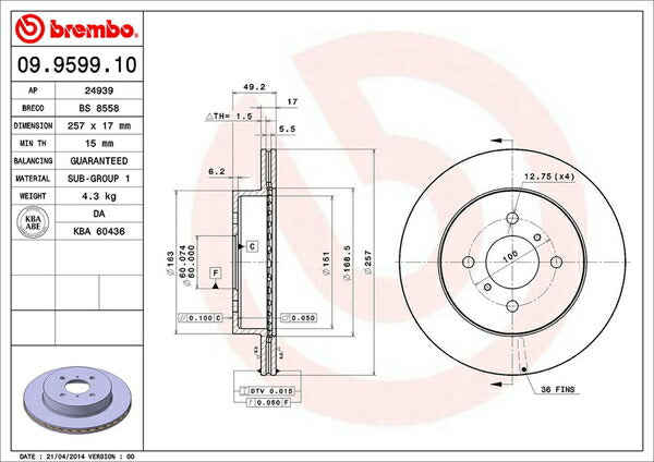 brembo BRAKE DISC スズキ Kei HN22S 2001/03〜 フロント左右セット 09.9599.10
