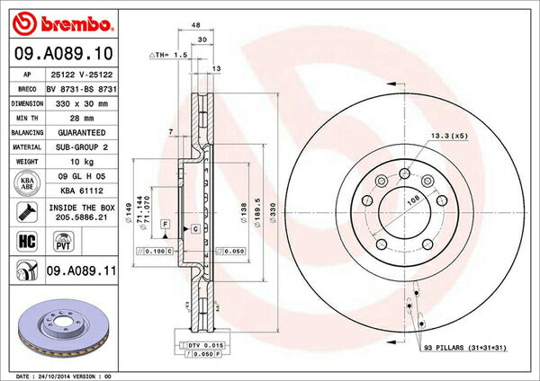 brembo BRAKE DISC PEUGEOT 407 SW D2BR/D2BRY 2005/06〜 フロント左右セット 09.A089.11