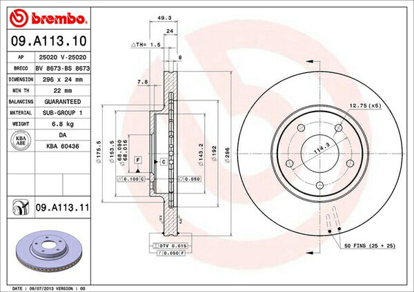 brembo BRAKE DISC ニッサン プリメーラワゴン WTNP12 2001/01〜2002/05 フロント左右セット 09.A113.11