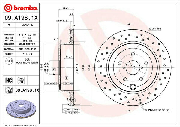 brembo XTRA BRAKE DISC スバル インプレッサ GRB 2007/11〜 リア左右セット 09.A198.1X