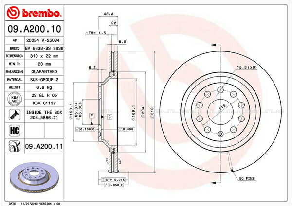 brembo BRAKE DISC VOLKSWAGEN ゴルフVII AUCJXF/AUDJHF 2013/09〜 リア左右セット 09.A200.11