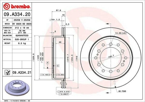 brembo BRAKE DISC トヨタ ランドクルーザープラド TRJ150W/GRJ150W/GRJ151W/GDJ150W/GDJ151W 2009/09〜 リア左右セット 09.A334.21