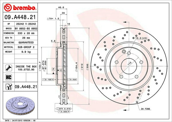 brembo BRAKE DISC MERCEDES BENZ Cクラス W203(セダン) 203054/203092 2005/08〜2007/06 フロント左右セット 09.A448.21