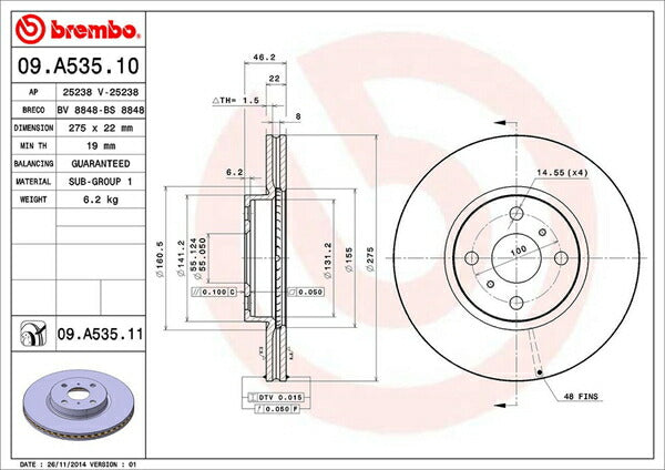 brembo BRAKE DISC トヨタ カローラアクシオ NZE141 2006/09〜2008/10 フロント左右セット 09.A535.10