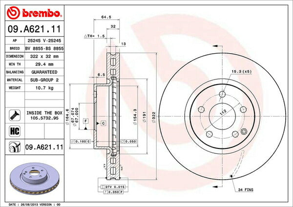 brembo BRAKE DISC MERCEDES BENZ Eクラス W212(ワゴン) 212256C 2010/02〜2011/10 フロント左右セット 09.A621.11